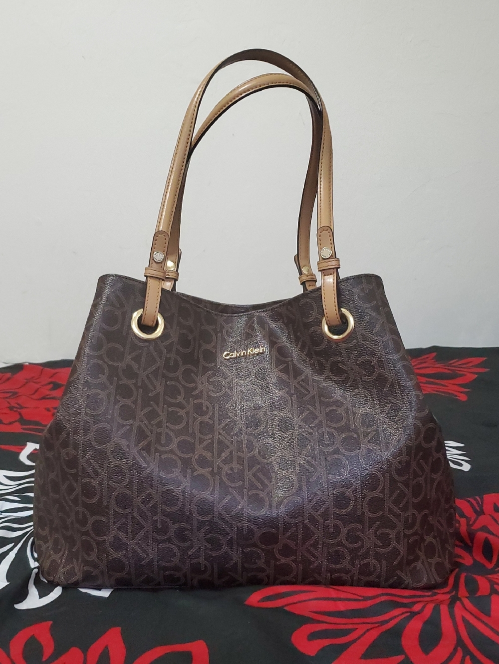 Calvin Klein Dark Brown Monogram Tote in Coated Canvas